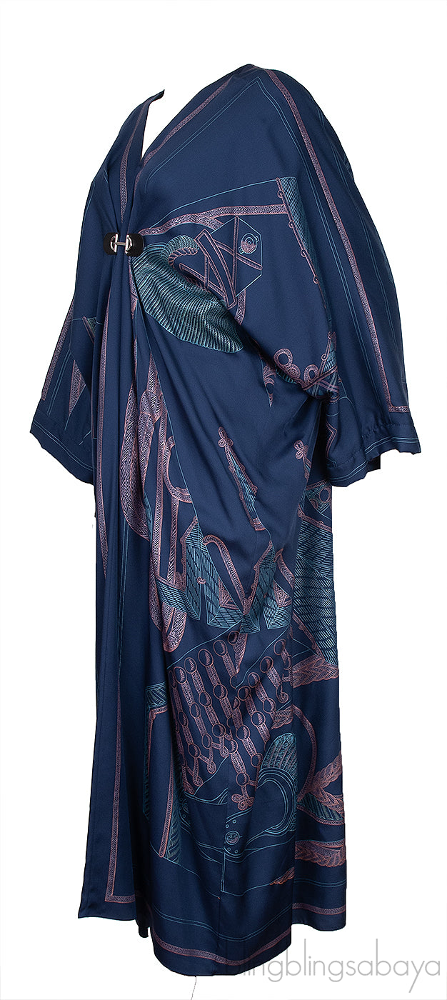 Silk Blue Printed Horsebit Kaftan Dress