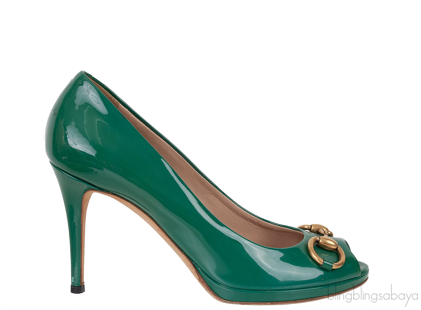 Green Patent Horsebit Peep Toe Pump