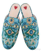 Blue Floral Lurex Princetown Sandals