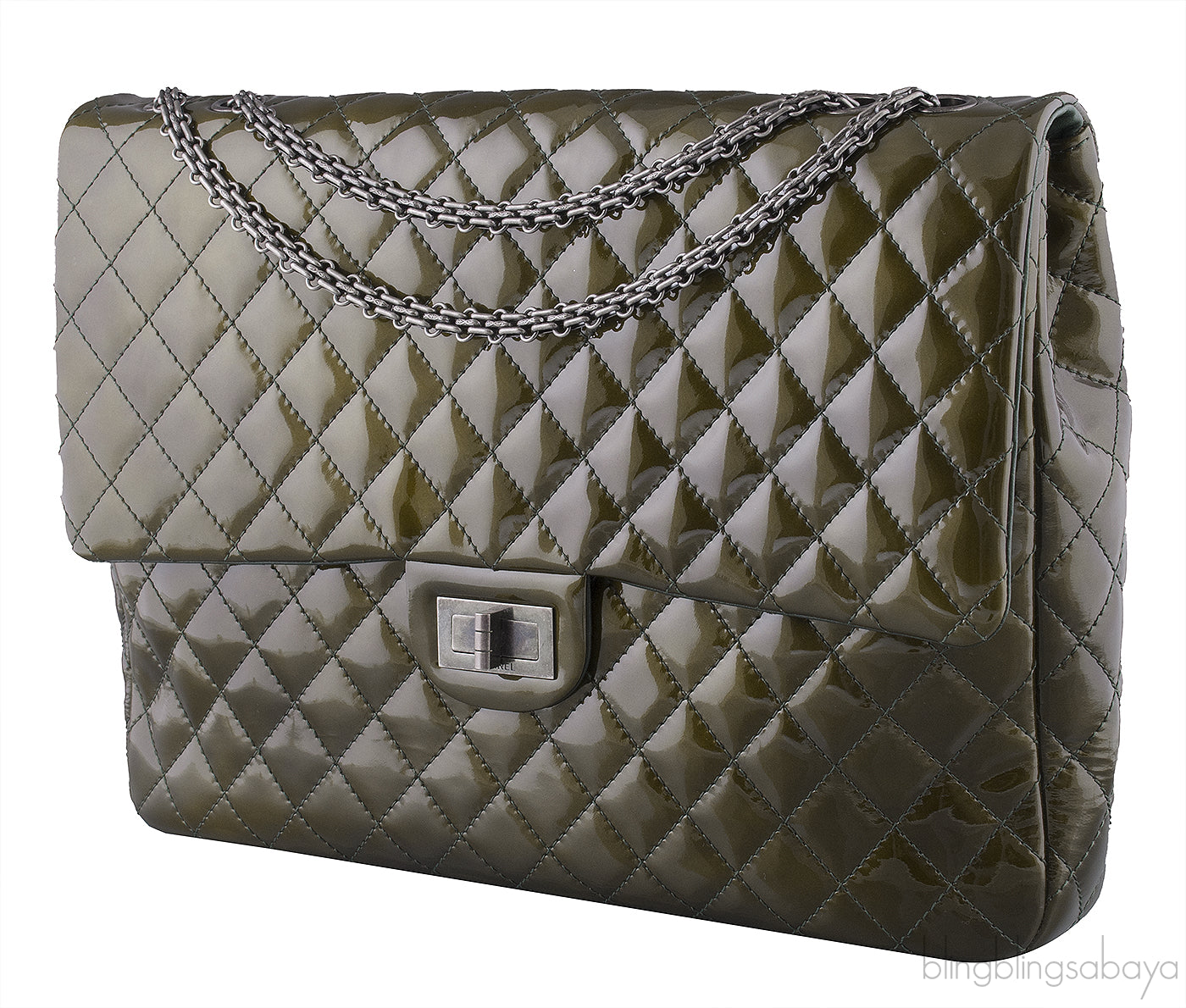 2.55 Olive Green Patent Quilted Flap XL
