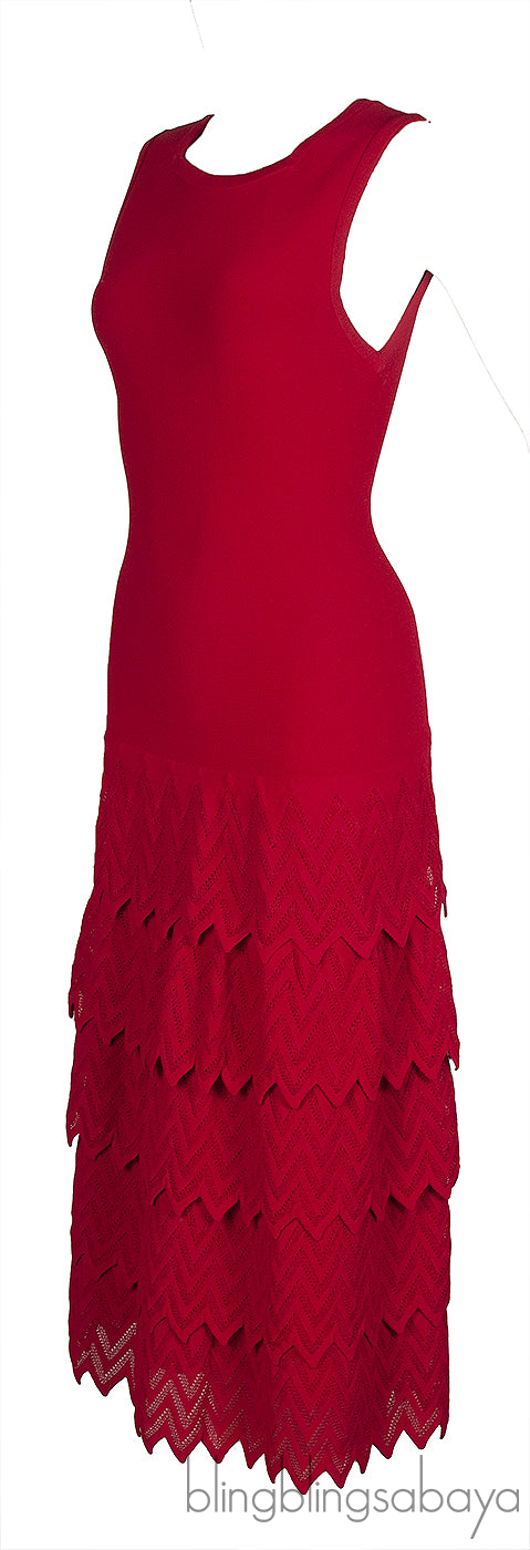 Alaia Layered Knit Red Sleeveless Dress