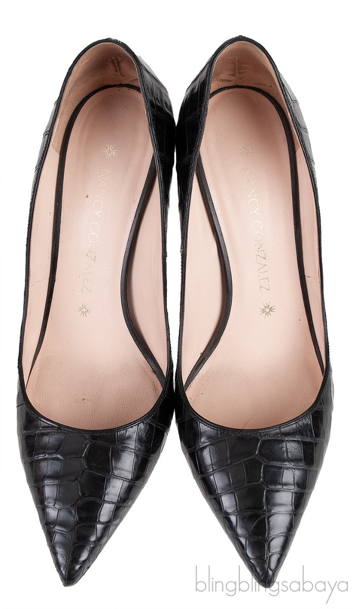 Black Croc Embossed Pointed Toe Heels