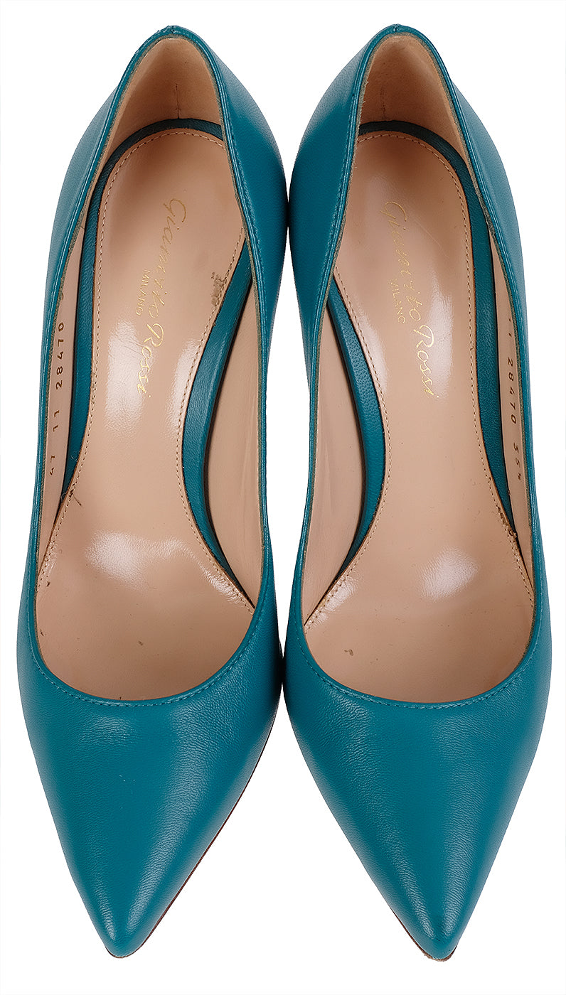 Gianvito Rossi Blue Green Leather 85 Pointed Toe Heels