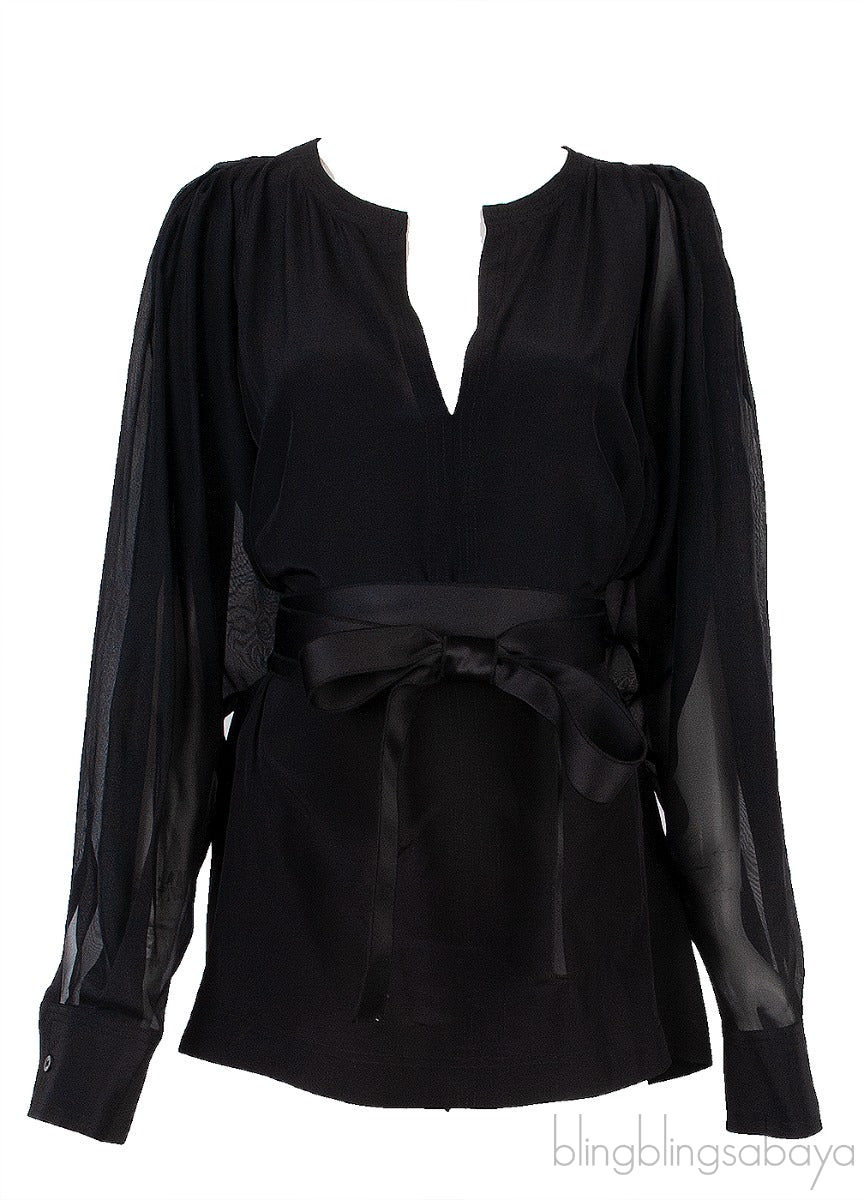 Black Long Sleeve Belted Top