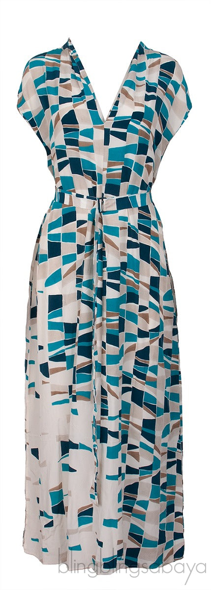 Blue Multicolor Print Belted Dress