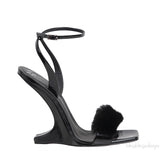 Black Picard Wedge Fur Slingback Sandals