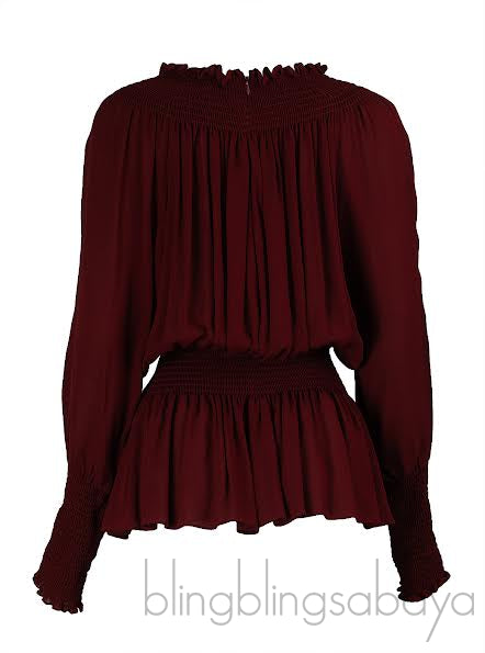 Elie Saab Maroon Smocked Georgette Blouse