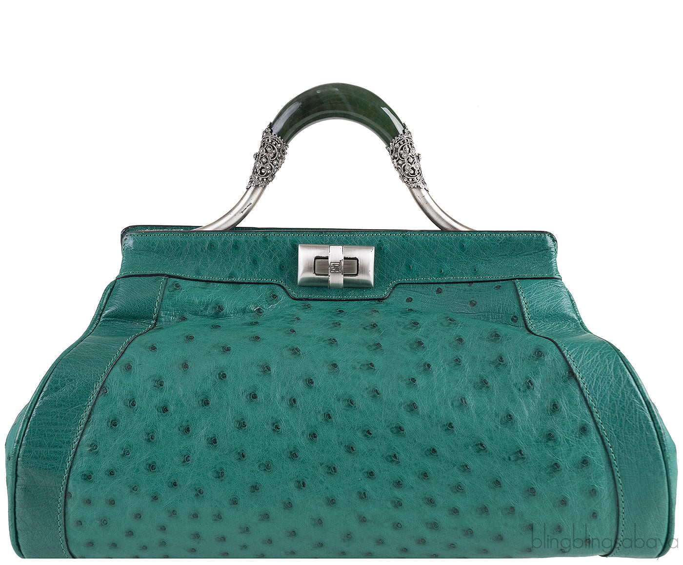 Green Ostrich Jade Handle Bag