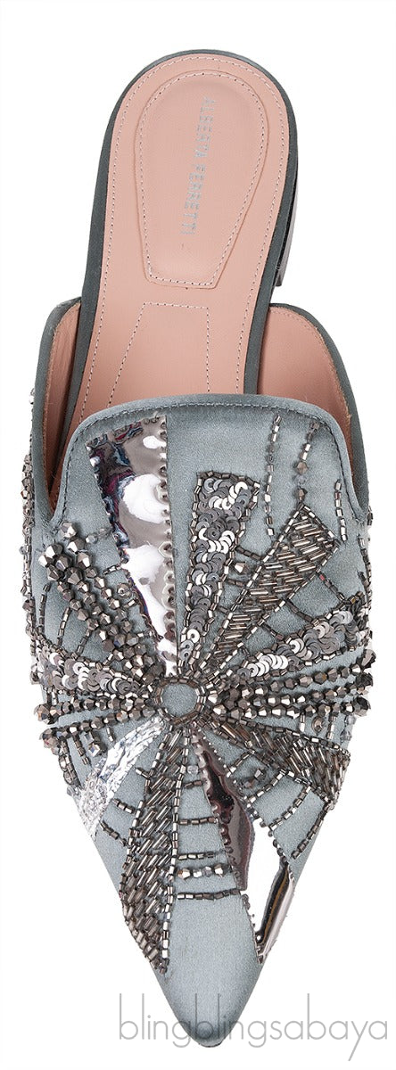 Grey Satin Sequin Embellished Pointed Toe Mule
