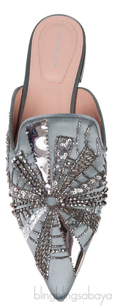 Grey Satin Sequin Embellished Pointed Toe Mule