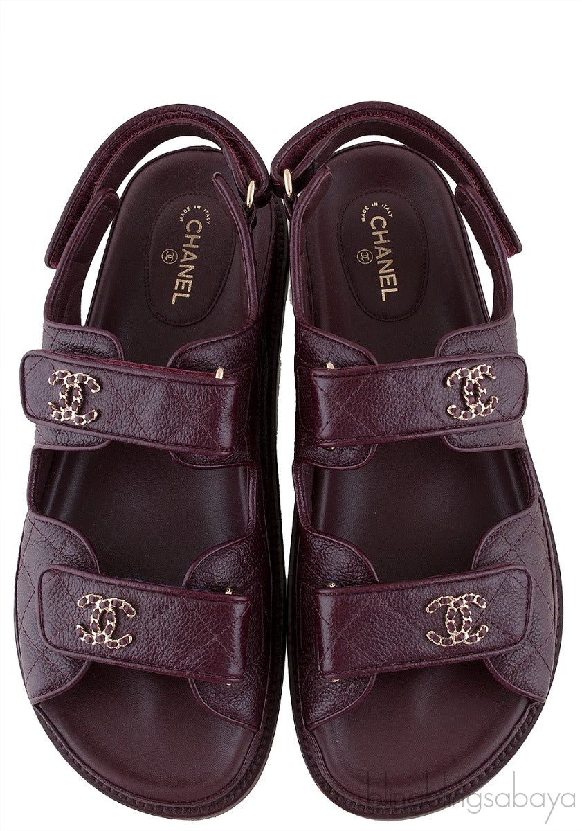 Burgundy Quilted Leather CC Velcro Sandals