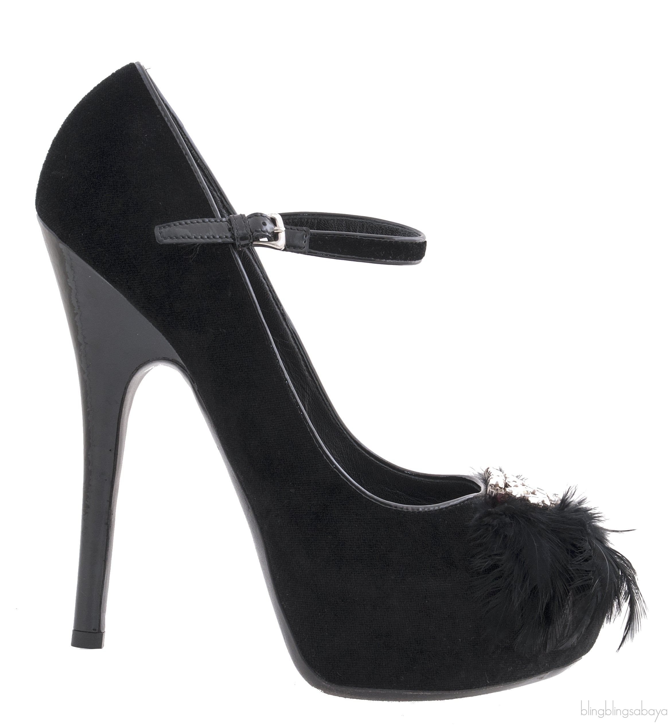Black Velvet Crystal/Feather Heels