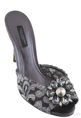 Grey Lace Crystal Vamp Slip-on Sandals