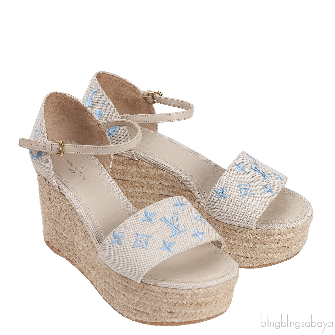 Light Blue/Beige Canvas Monogram Starboard Espadrille Wedge Sandals