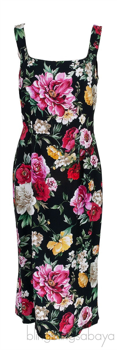 Black Floral Printed Crepe Sleeveless Midi Dress