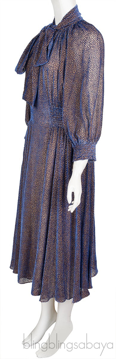 Blue Velvet Self-tie Neck Midi Dress