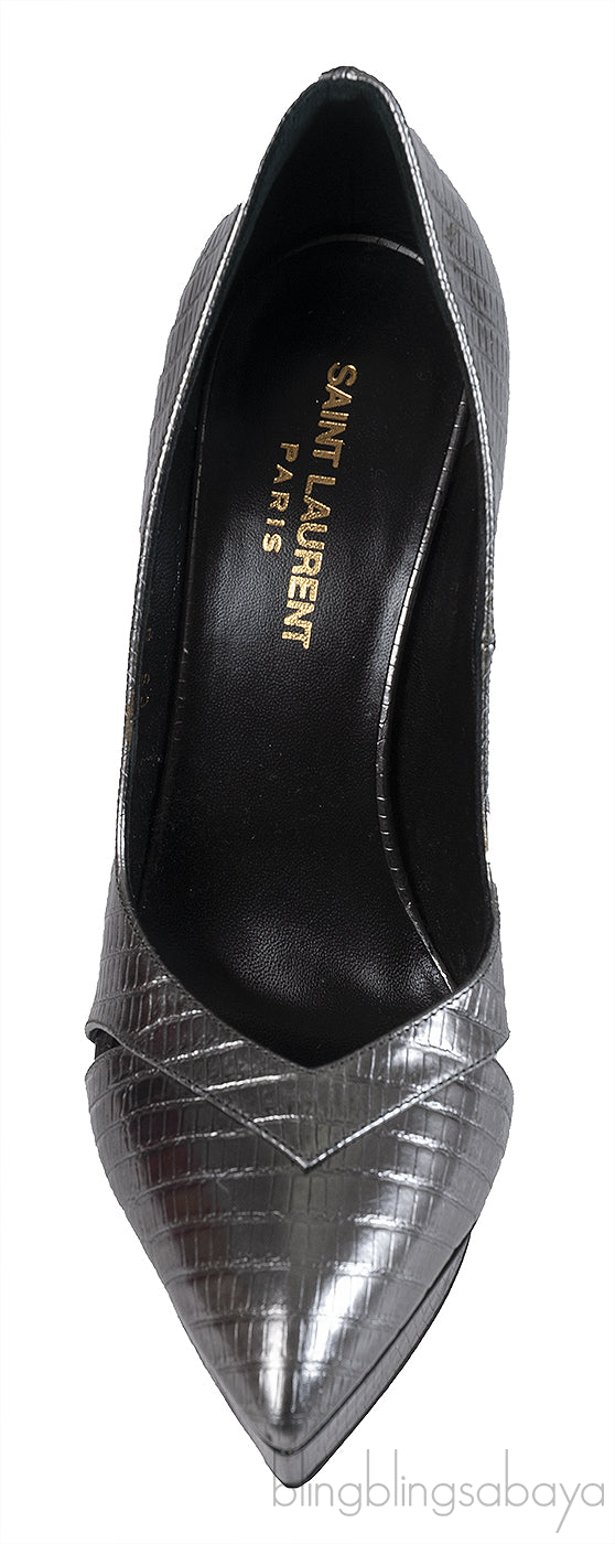 Yves Saint Laurent Gun Metal Lizard Print Pointed Pump