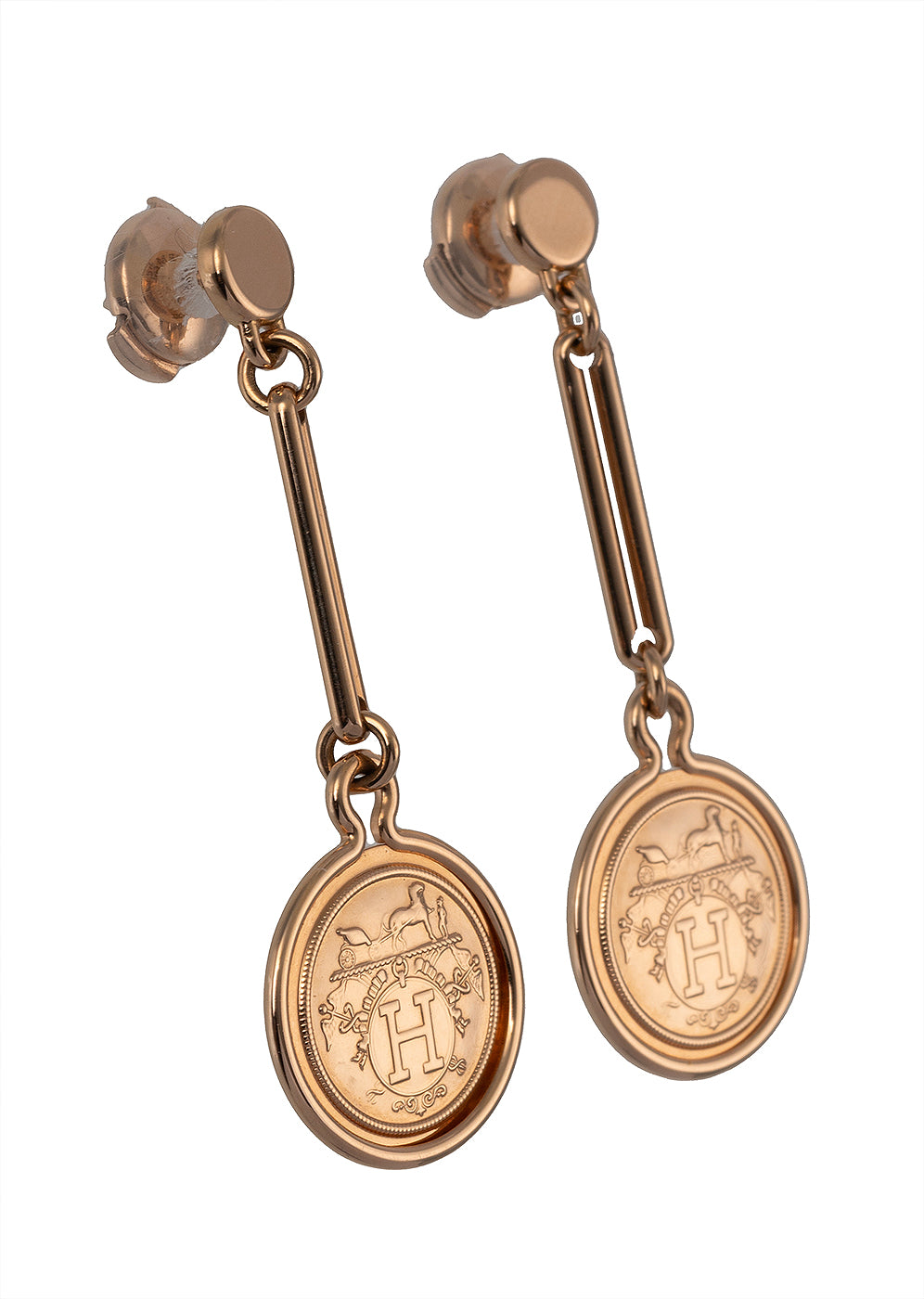 Hermes Ex-Libris Rose Gold Drop Earrings
