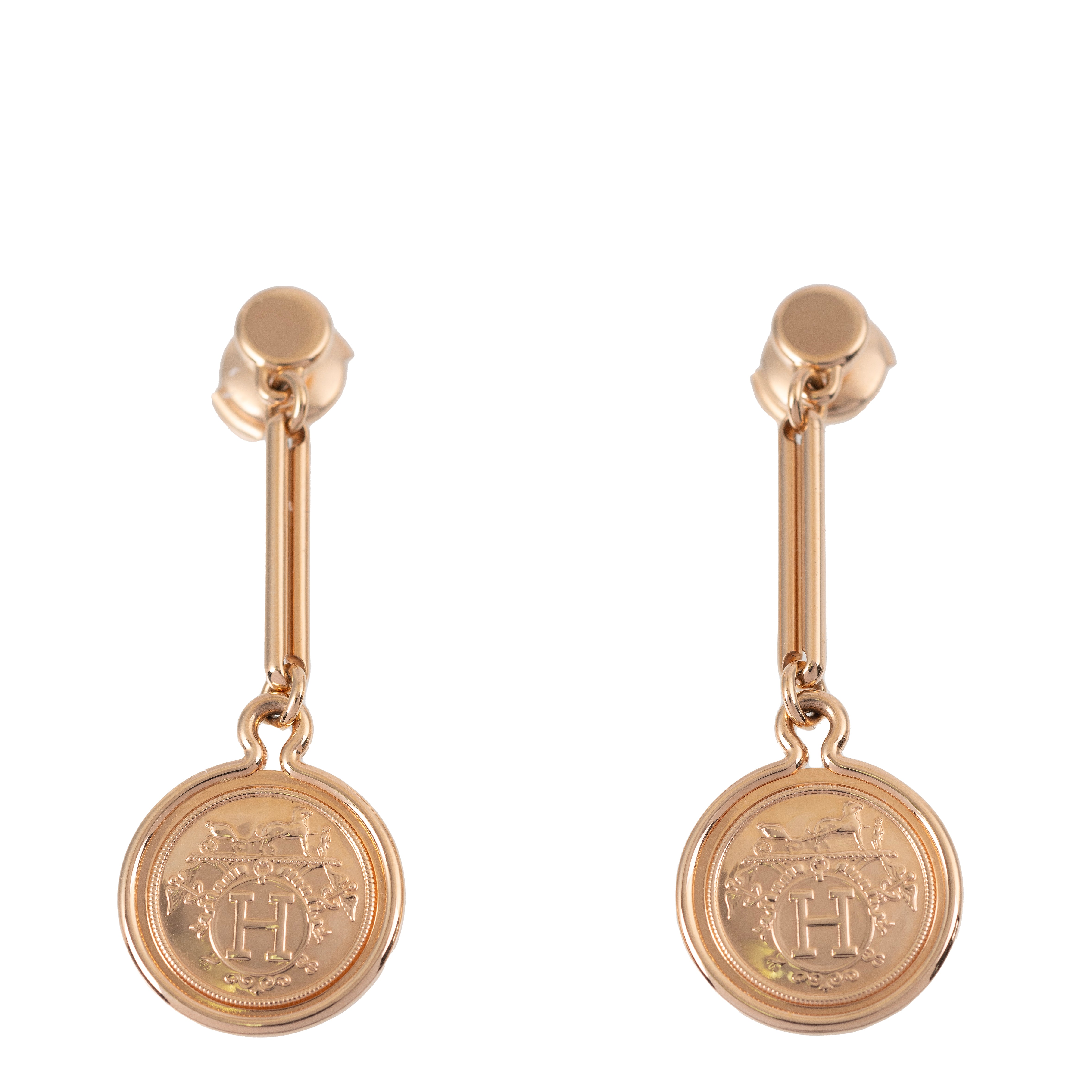 Hermes Ex-Libris Rose Gold Drop Earrings