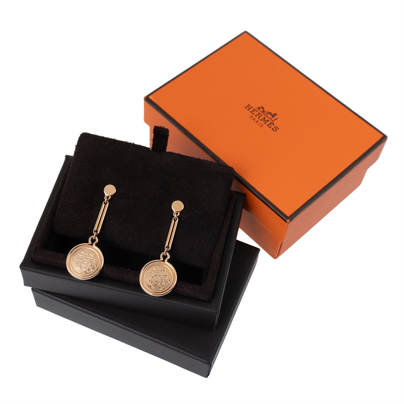 Hermes Ex-Libris Rose Gold Drop Earrings