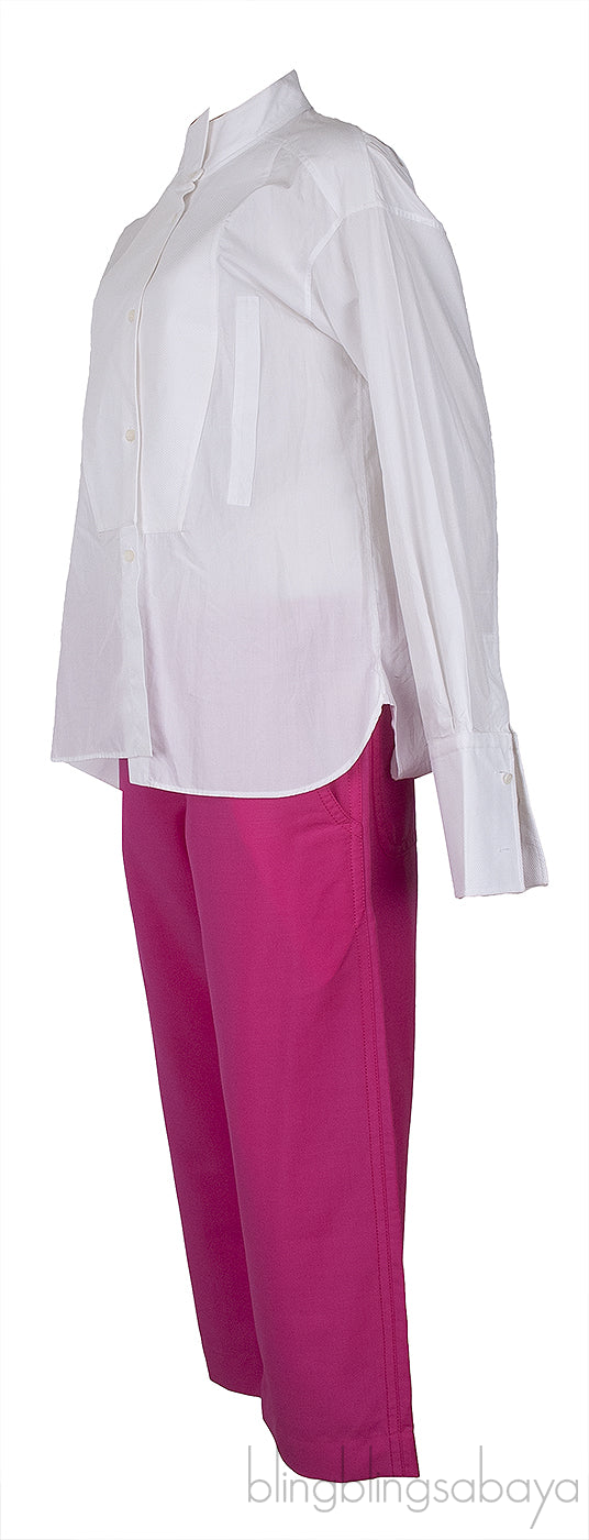 White Long Back Assymetric Shirt and Pink Wide Leg Trouser