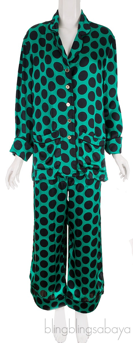Green Polka-dot Satin Shirt & Pants