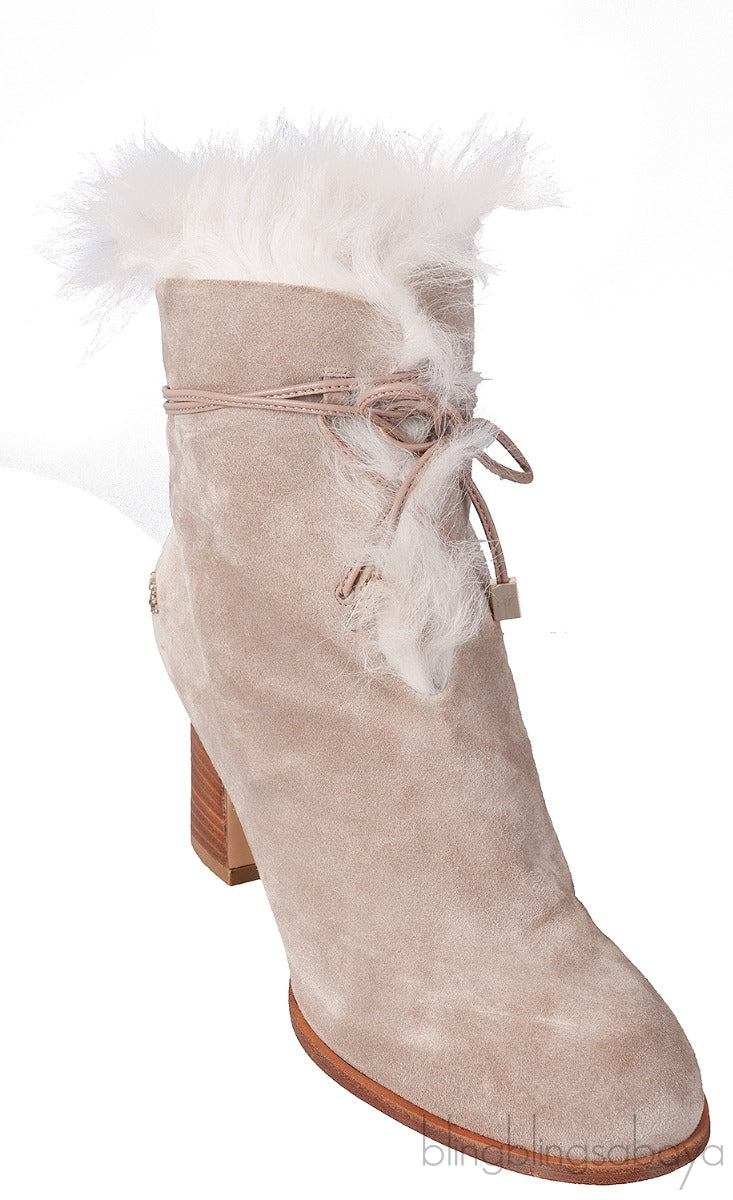 Grey Fur Trim Lace Ankle Boots