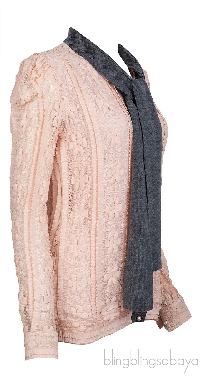 Flesh Lace Knit Self-tie Long Sleeve Blouse