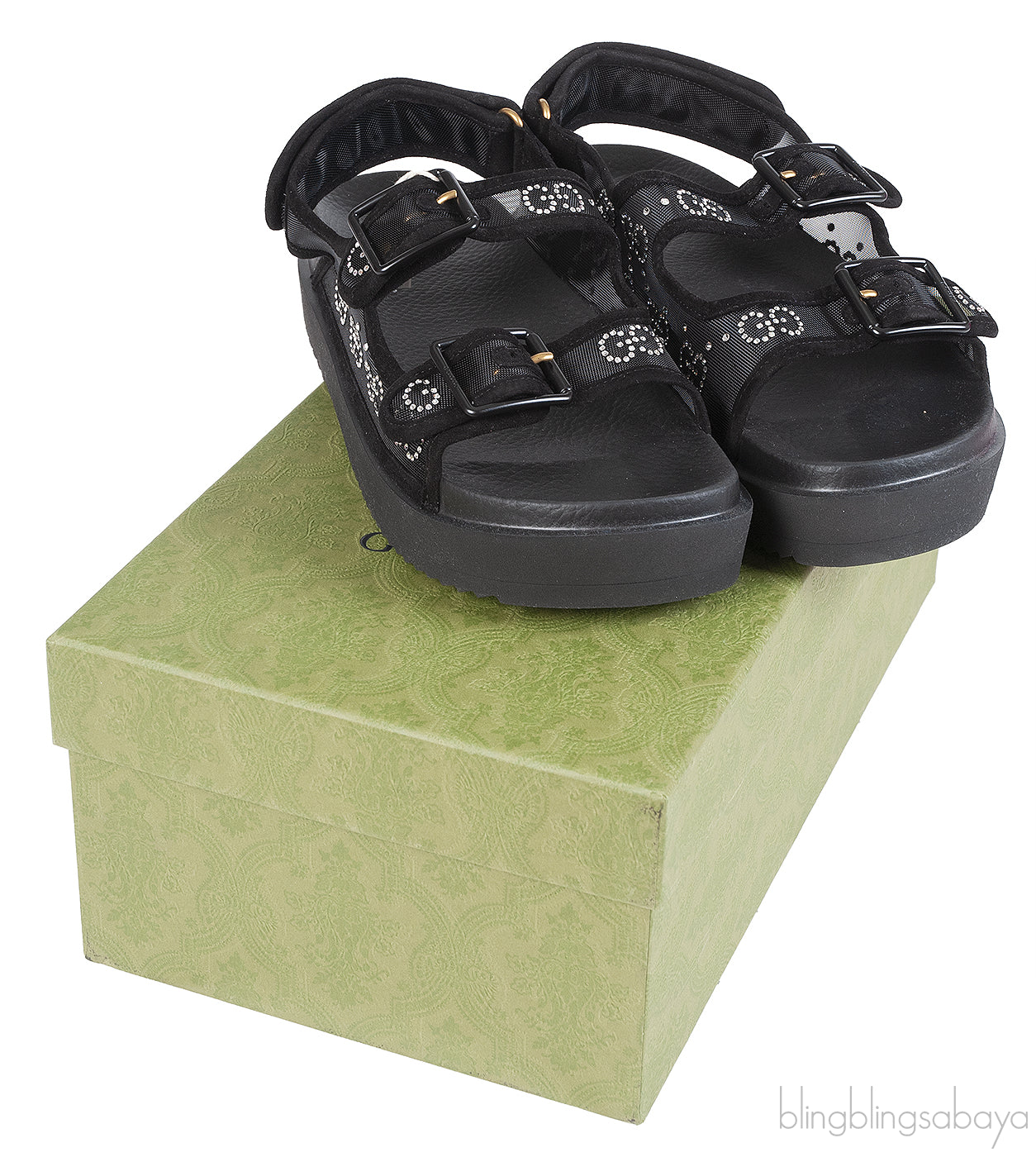 Gucci Black Crystal Embellished Monogram Pattern Sandals