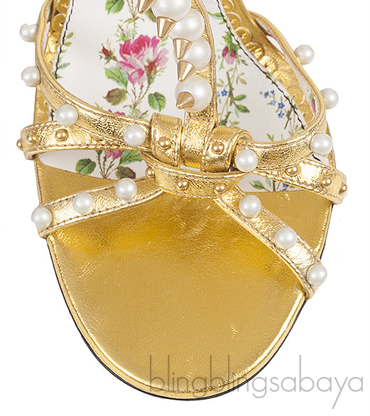 Gold Leather Pearl Trim Sandals