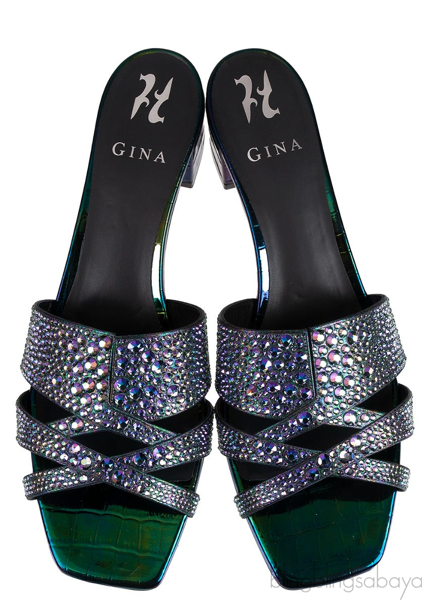 Petrol Patent Croc Embossed Crystal Heeled Sandals