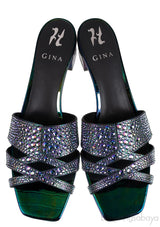 Gina Petrol Patent Croc Embossed Crystal Heeled Sandals