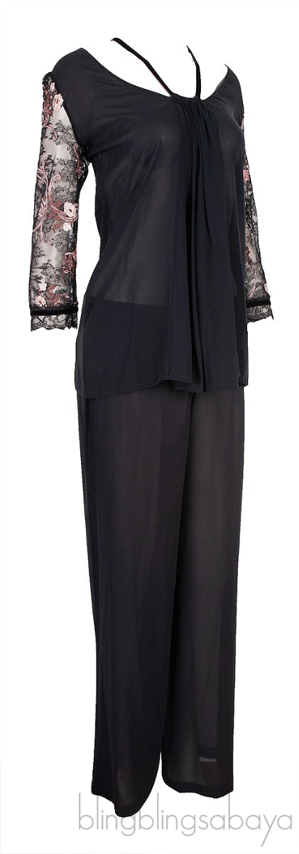 Black  Lace Floral Embroidered Sleeve Pajama Set