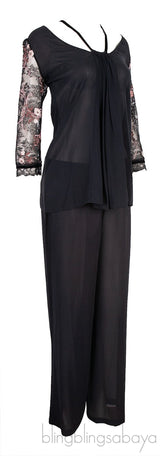 Black  Lace Floral Embroidered Sleeve Pajama Set