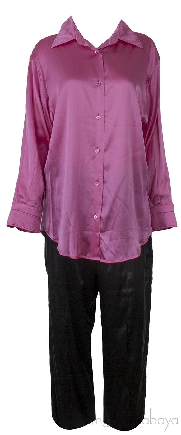 Fuchsia Silk Satin Shirt & Black Satin Trouser