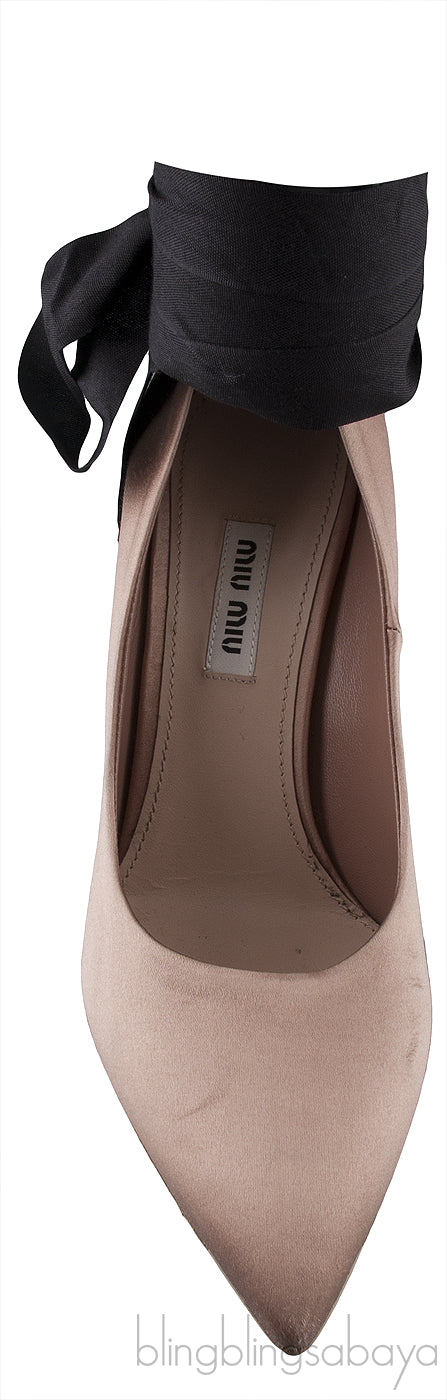 Nude Satin Black Strap Heels