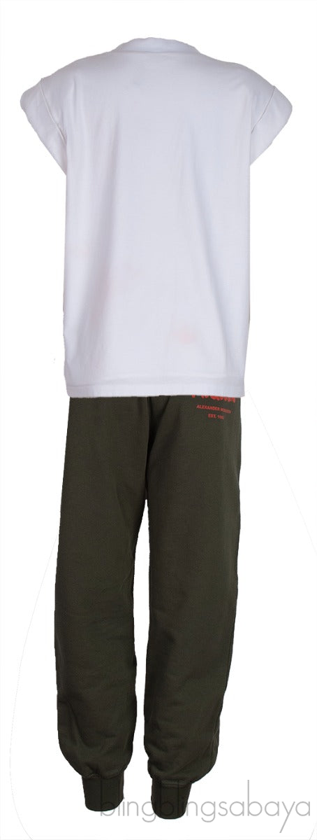 White Padded Shoulder Top & Green Trouser