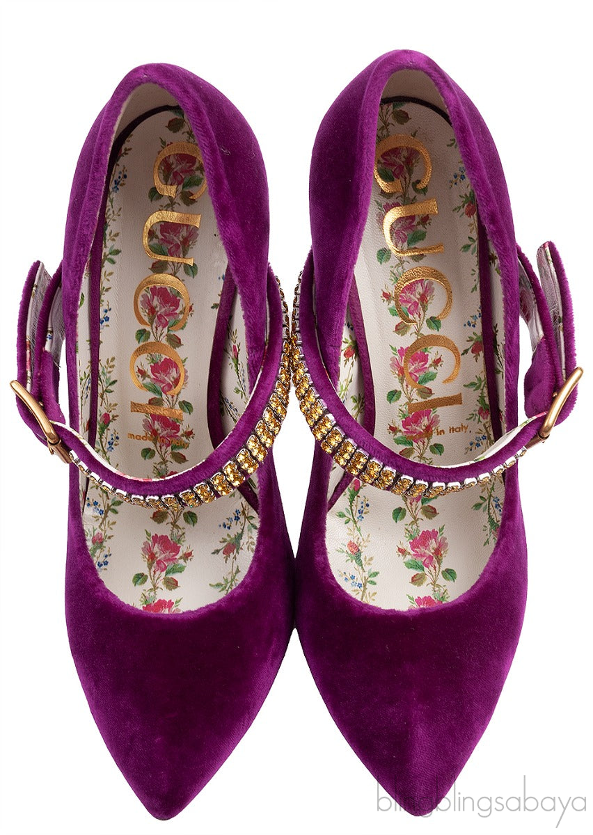 Gucci Purple Sylvie Velvet Crystal Embellished Heels 38
