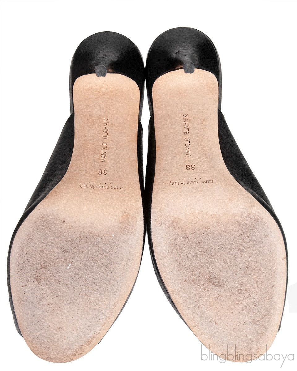 Black Leather Twisted Vamp Peep Toe Mule