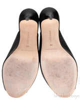Black Leather Twisted Vamp Peep Toe Mule
