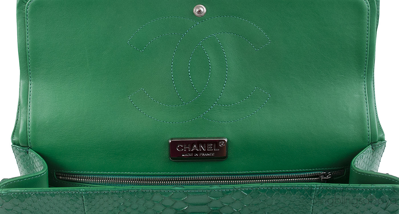Chanel Classic Jumbo CC Emerald Green Python Flap Bag