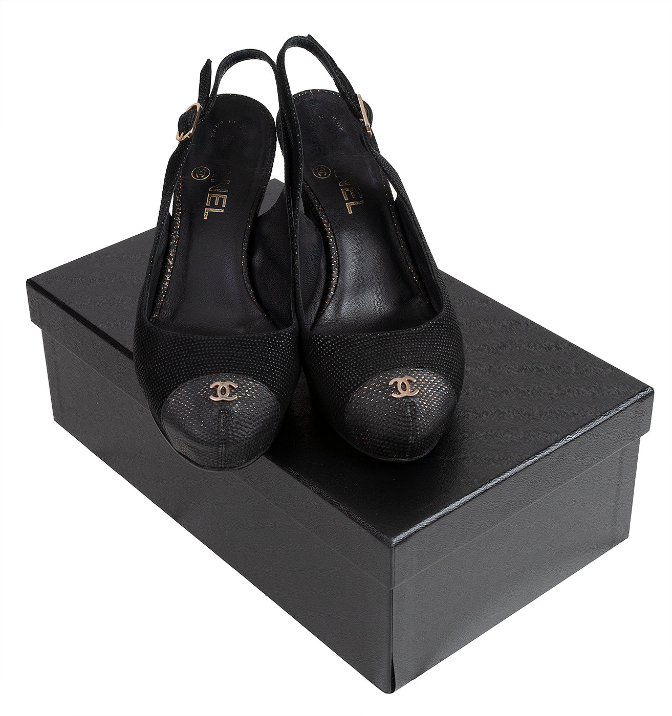 Chanel Black Leather CC Cap Toe Slingback Shoes
