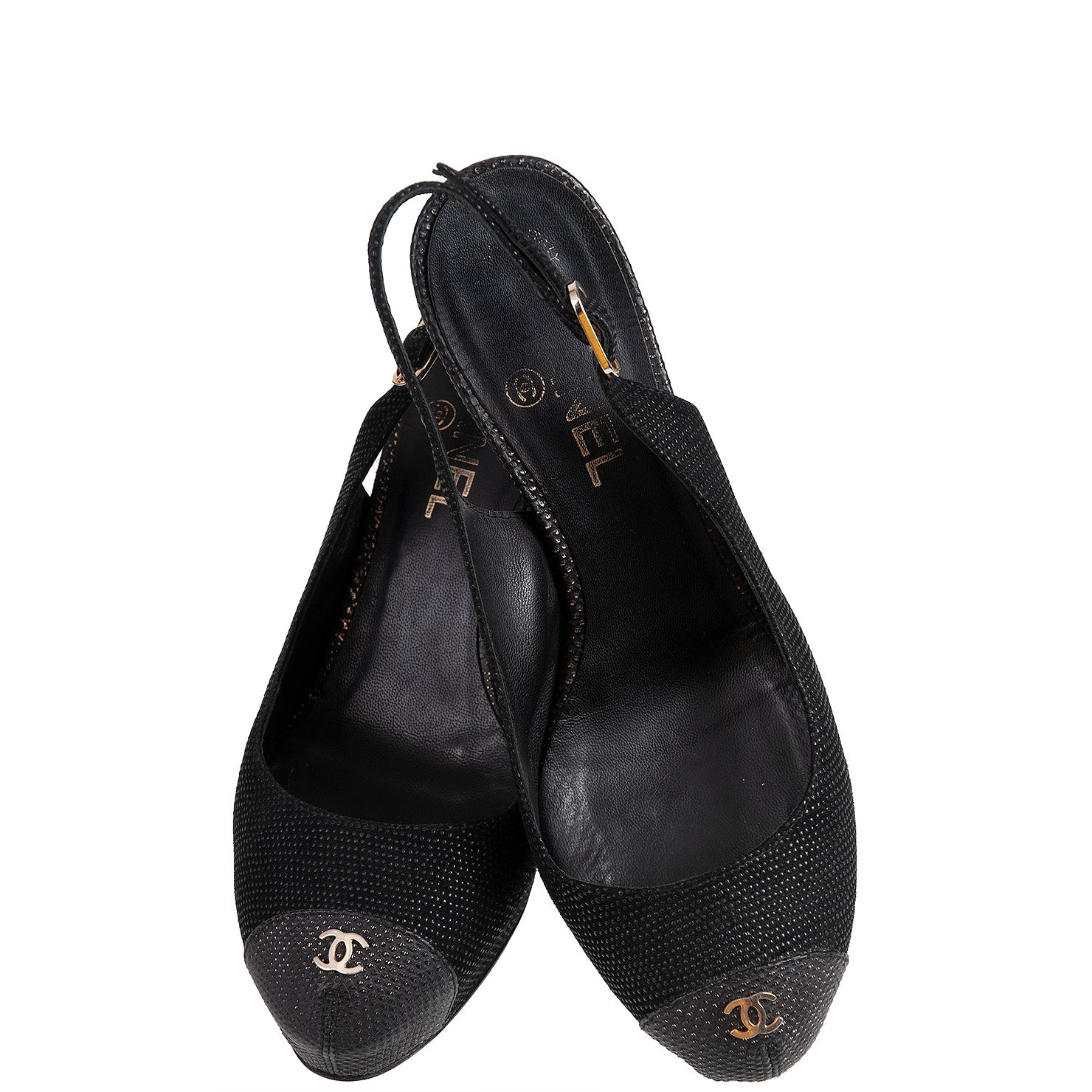 Chanel Black Leather CC Cap Toe Slingback Shoes
