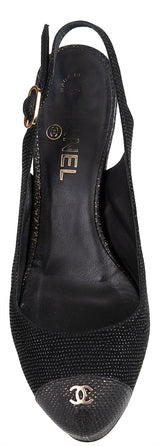 Chanel Black Leather CC Cap Toe Slingback Shoes
