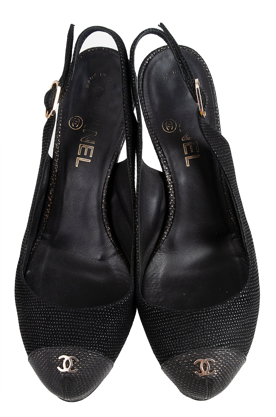 Chanel Black Leather CC Cap Toe Slingback Shoes