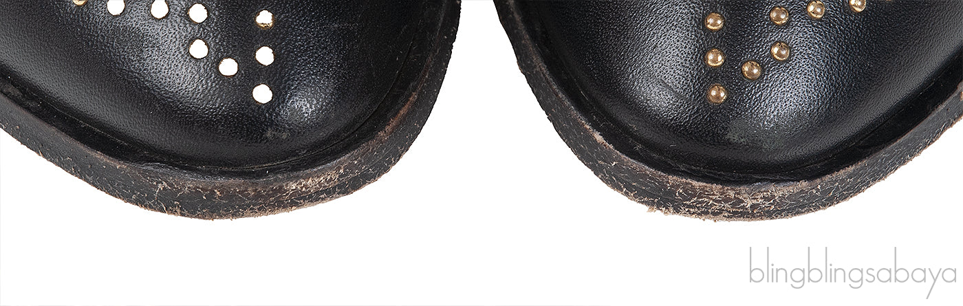 Black Leather Metal Beads Strappy Boots