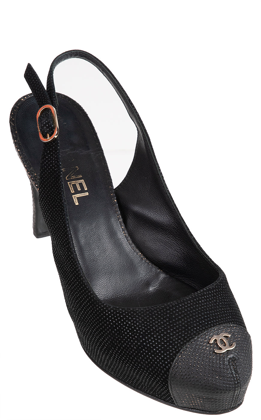 Chanel Black Leather CC Cap Toe Slingback Shoes
