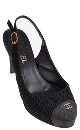 Chanel Black Leather CC Cap Toe Slingback Shoes