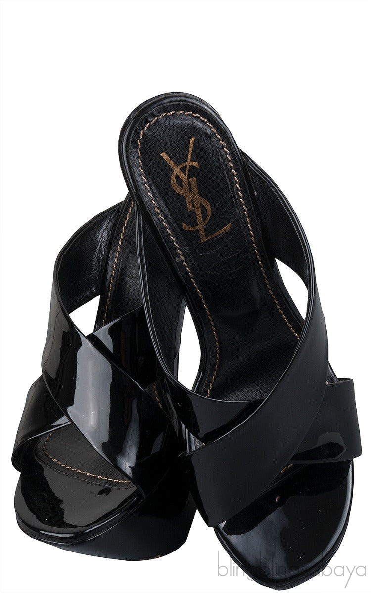 Black Patent Criss-cross Slide Sandals