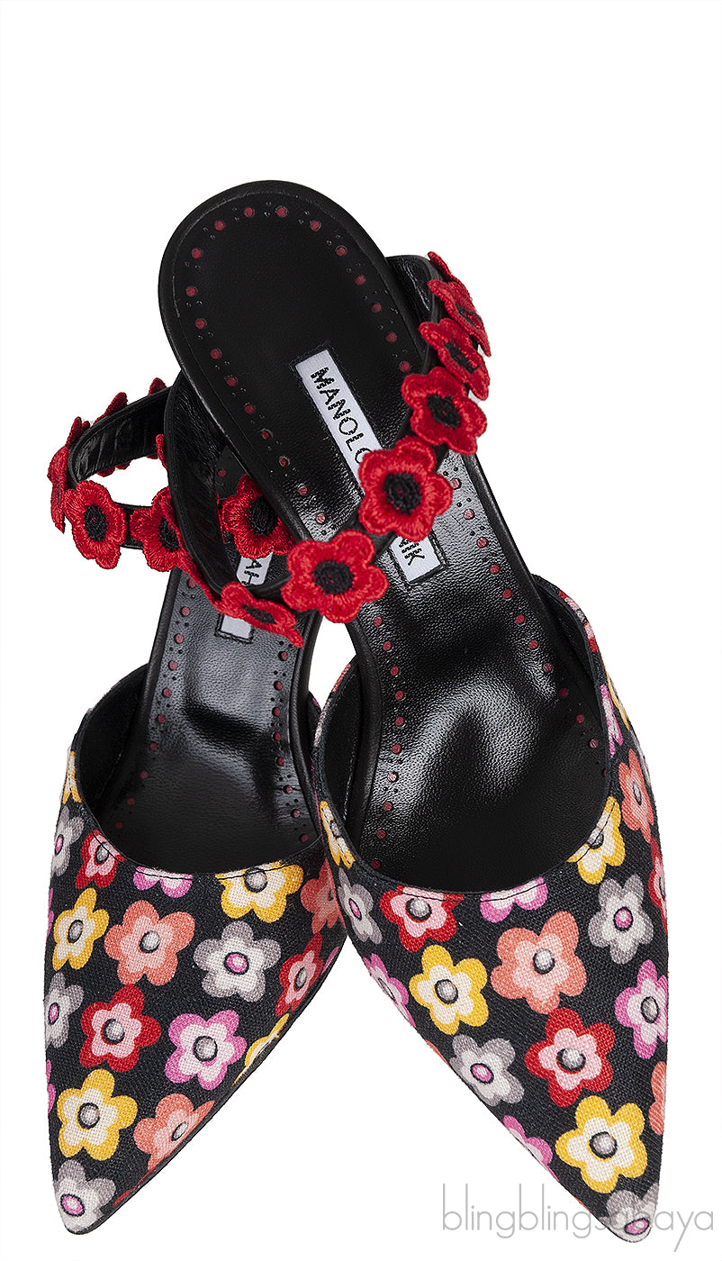 Chamaca 70 Appliquéd Floral-print Linen Mules